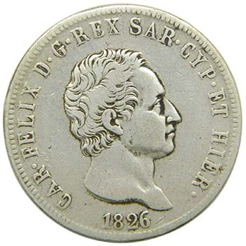 Italia.  5 lire  1826 Cerdeña  ... 