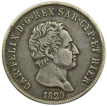 Italia.  5 lire  1829 .Cerdeña ... 