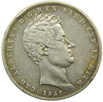 Italia. 5 lire. 1842 Cerdeña. ... 