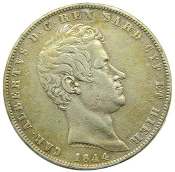 Italia. 5 lire. 1844 Cerdeña. ... 