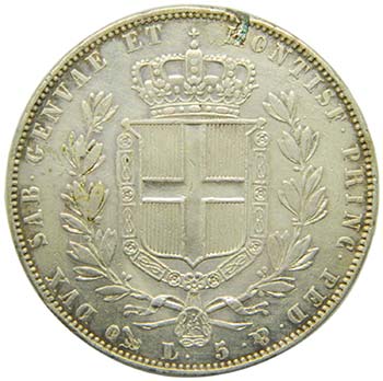 Italia. 5 lire. 1844 Cerdeña. ... 