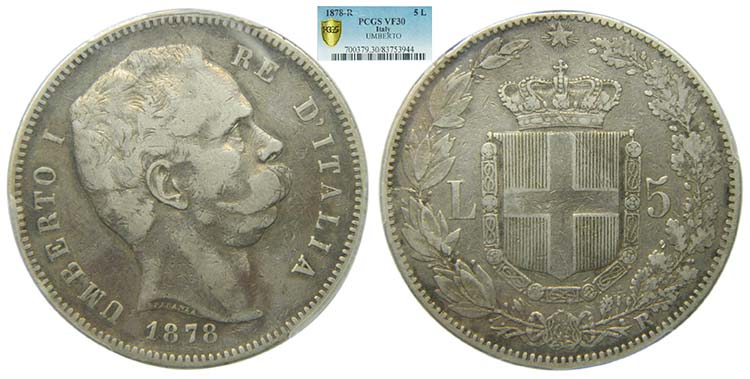 Italia . 5 lire. 1878 R . Umberto ... 