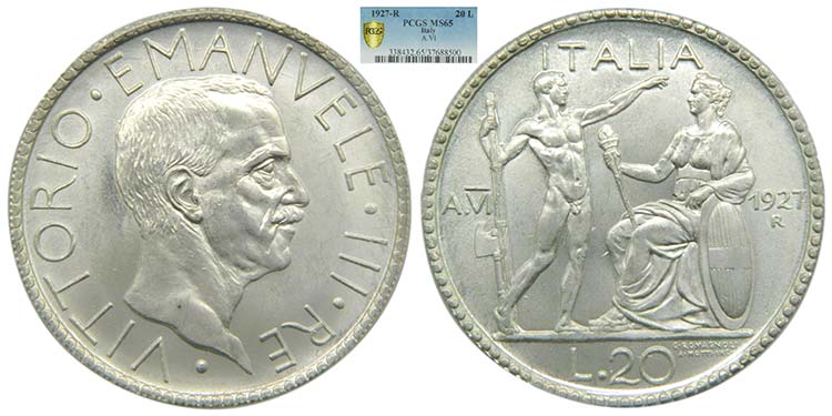 Italia . 20 lire 1927 R Yr VI . ... 