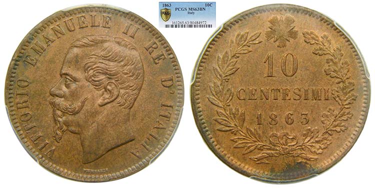 Italia. 10 centesimi. 1863 . ... 