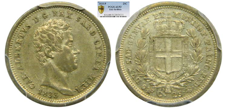 Italia . 25 Centesimi 1833 P. ... 