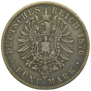 Alemania. Sachsen. 5 Mark. 1876 E. ... 