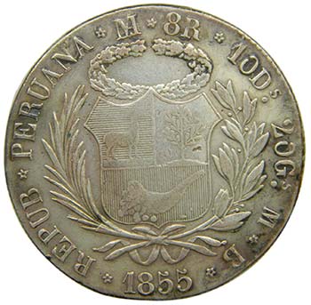 Peru. 8 reales 1855 MB. ... 