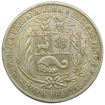 Peru. 5 Pesetas 1880 BF. Lima. ... 