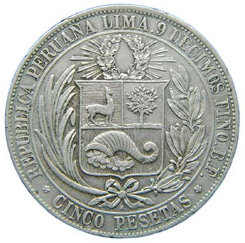 Peru 5 Pesetas 1880 BF (km#201.2) ... 