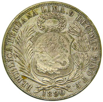 Peru. 1 sol. 1890 TF . Lima. ... 