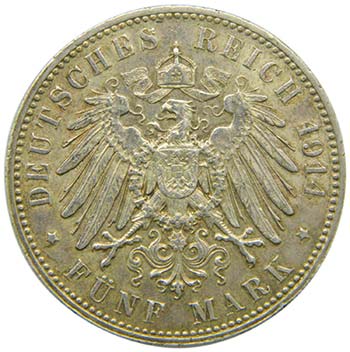Alemania.  Sachsen. 5 mark. 1914 ... 
