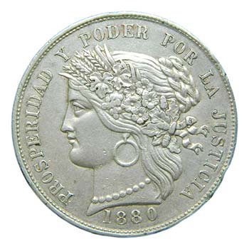 Perú. 5 pesetas. 1880 BF. Lima. ... 