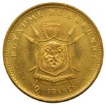 Burundi. 10 francs. 1965. Au 3 gr. KM#7. ... 