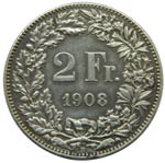 Suiza. 2 francs. 1908. B. Berna. KM#21. ... 