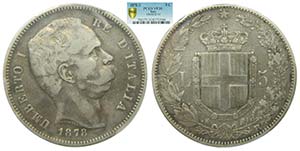 Italia . 5 lire. 1878 R . Umberto I (km#20) ... 