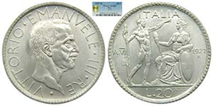 Italia . 20 lire 1927 R Yr VI . Vittorio ... 