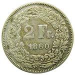 Suiza 2 Franc 1860 B (km#10)  HELVETIA 9,9 ... 