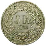 Suiza 5 Franc 1874  (km#11)  HELVETIA  24,91 ... 