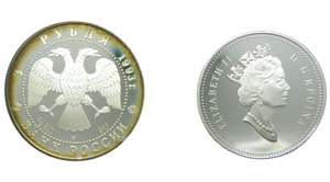 RUSIA Y CANADA. Lote 2 monedas 3 rublos y 1 ... 
