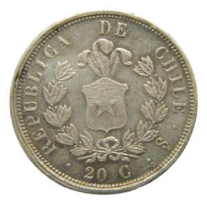 CHILE. 1861. 20 centavos. (KM#125a). Ar. 