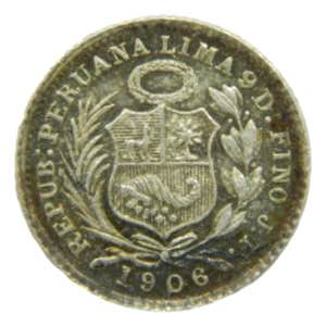 PERU. 1906 JF. 1/2 dinero. (KM#206.2). Ar. 