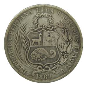 PERU. 1869 Y.B. Sol. (KM#196.3). Ar. 