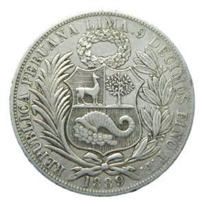 PERU. 1889 T.F. Sol. (KM#196.24). Ar. 