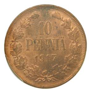 FINLANDIA. 1917. 10 Pennia. (km#18).FINLAND. ... 