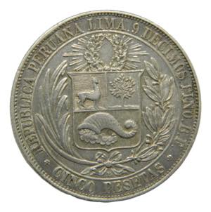 PERU. 1880. 5 pesetas. (km#201.1) 24,87 gr ... 