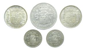 Lote 5 Monedas plata, 2 de 50 centimos 1892 ... 