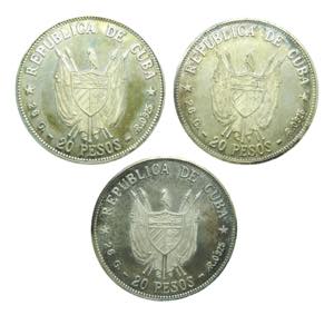 CUBA. LOTE 3 piezas 20 pesos 1977. Plata. A. ... 