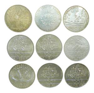 FRANCE. LOTE 9 piezas 100 francos de plata ... 