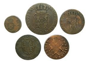 Lote 5 monedas. 1 Maravedí 1830 Pamplona, 3 ... 
