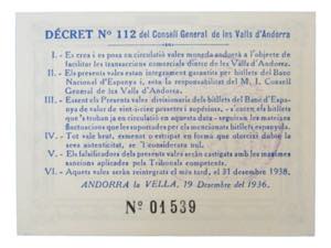 ANDORRA. 2 pesetas 1936. Emisión azul. ... 