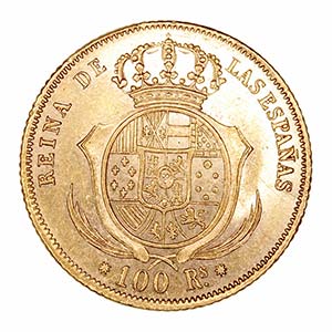 Isabel II - 100 Reales. AV. Barcelona. 1858. ... 