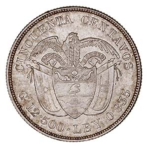 Colombia	 - 50 Centavos. AR. 1892. 12.48g. ... 
