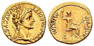 Tiberio. Áureo. 14-17 d.C. Lugdunum. ... 