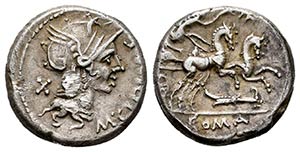 Cipia. M. Cipius M.F. Denario. 115-114 a.C. ... 
