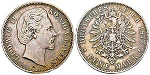 Alemania. Bavaria. Ludwig II. 5 mark. 1875. ... 