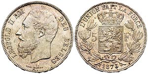 Bélgica. Leopold II. 5 francs. 1873. ... 