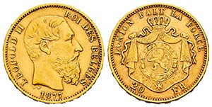 Bélgica. Leopold II. 20 francs. 1877. ... 