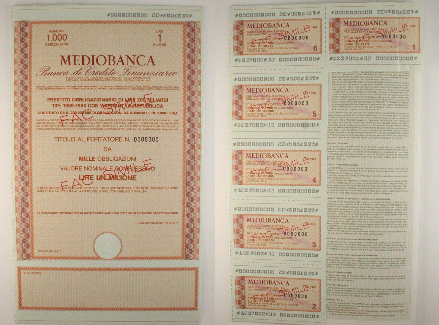 Mediobanca - 1000 obbligazioni SPECIMEN - ... - Numismatica Ferrarese Aste  Numismatiche - Shop Monete