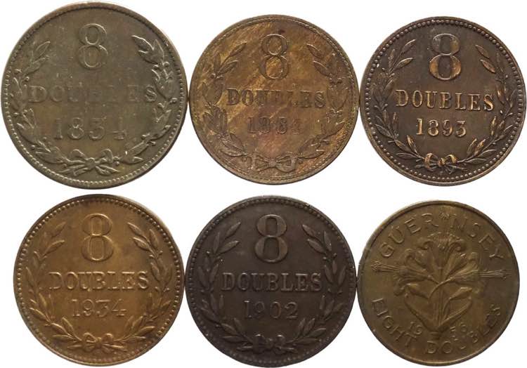 Guernesey - lotto di 6 monete da 8 ... 