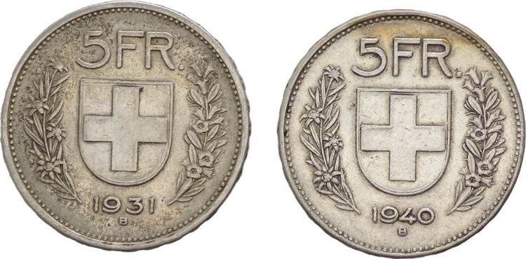 Svizzera -  lotto di 2 monete da 5 ... 