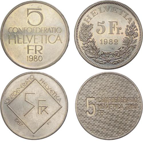 Svizzera - lotto di 4 monete da 5 ... 