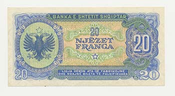 ALBANIA - Banconota 20 Franga 1945 