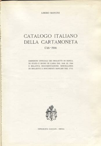 MANCINI L. -  Catalogo  italiano ... 