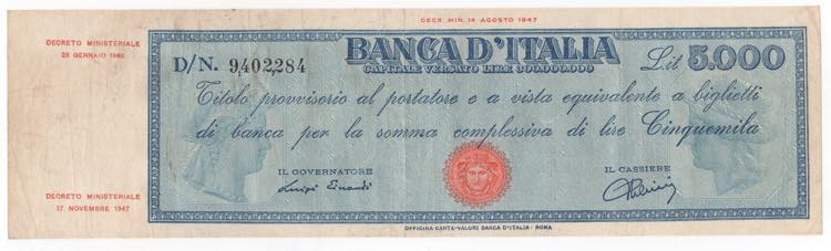 Repubblica - 5.000 Lire 28/01/1948 ... 