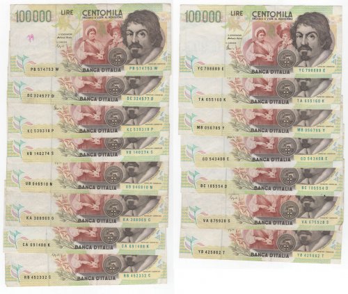 lotto 15 banconote 100.000 lire ... 