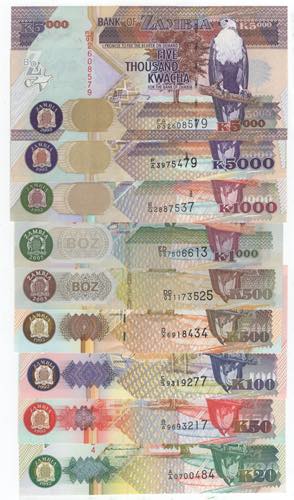 Zambia - lotto di 9 banconote